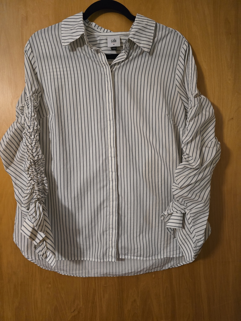 CAbi White Blouse with Black Pinstripes and Ruched Sleeves